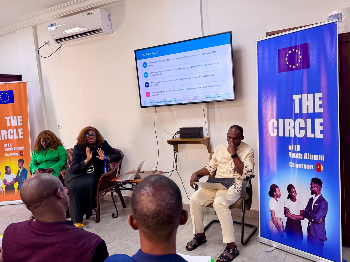 NgufackN's tweet photo. In June, I had the honour of serving as a trainer at the official launch of the EU Youth Alumni Project in Cameroon. I facilitated a session on Comm &amp; Community Management, covering storytelling, branding, &amp; how to build communities that stay engaged long after the launch day. https://t.co/obZTHWppzJ