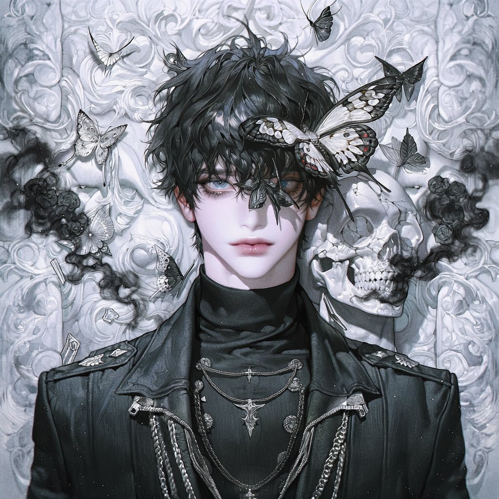 Jin_OAOa's tweet photo. 죽음의 침묵 Prompt

[캐릭터 프롬]

pale skin, expressionless, 5::monochrome, black and white color palette::, skull beside the face, cracked skull, large butterfly with wings covering the lips, butterfly resting over the mouth, intricate butterfly wings, delicate antennae, intense eyes, subtle dark eye makeup,

black tailored coat, black turtleneck, silver chains, avant-garde gothic fashion,

floating feathers, drifting black smoke, cracked marble, soft white mist, dramatic shadows, high contrast, minimalist composition, luxury monochrome editorial, album cover, cinematic lighting, masterpiece, best quality, death symbolism, memento mori, marble statue aesthetic, porcelain skin, floating butterfly scales, white butterflies, black butterflies, broken skull fragments, surreal composition, fine art photography