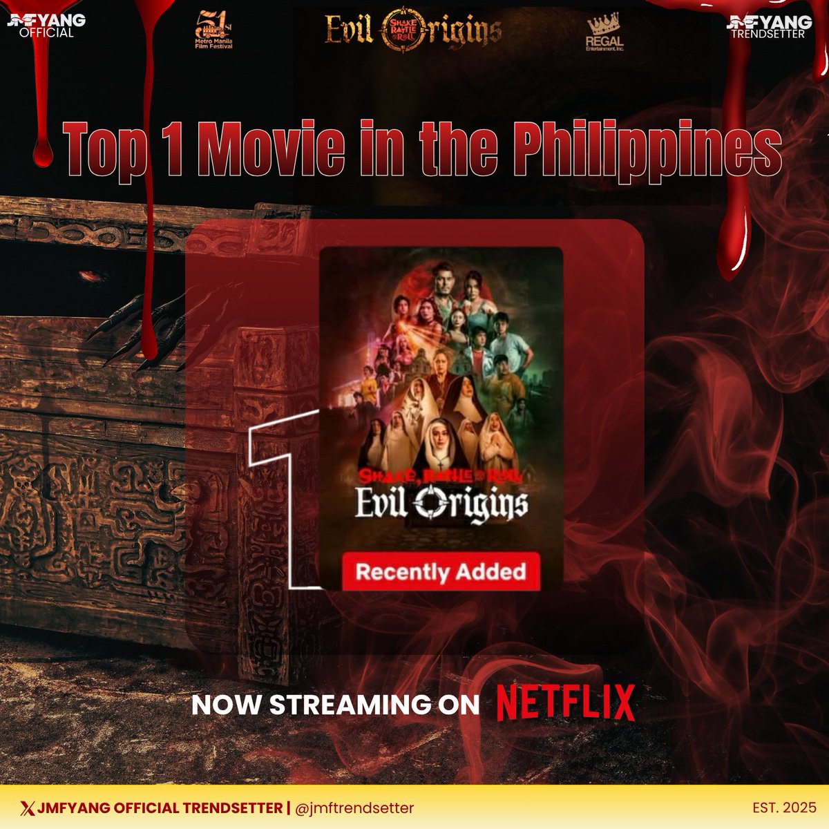 jmftrendsetter's tweet photo. SRR: Evil Origins is the #1 movie in the Philippines today on Netflix. The nightmare is unstoppable! Stream it now and see why everyone’s hooked.
#SRREvilOrigins #NetflixPH #JMFyang https://t.co/Ru6fzlSo7e