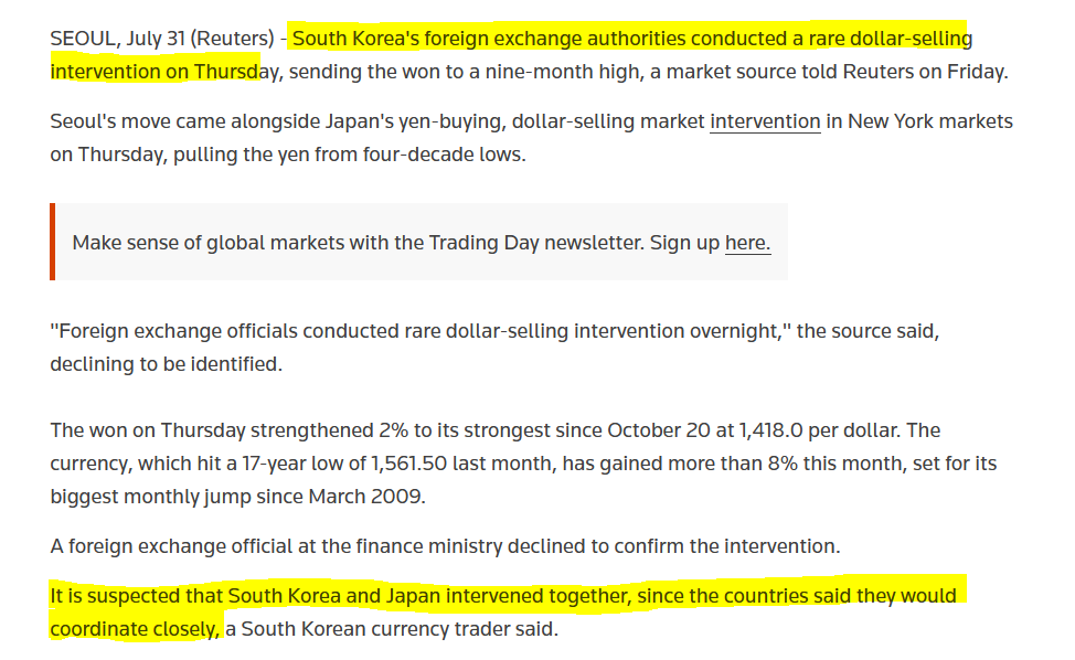 driver61d1's tweet photo. In an unusual intervention in the Forex market, the US & Japanese governments are coordinating to curb the Yen's depreciation.
And now we have reports of South Korea conducting in a rare dollar selling intervention to strengthen the Won.
What does it mean for GameStop swaps? https://t.co/uSaZONYWGV