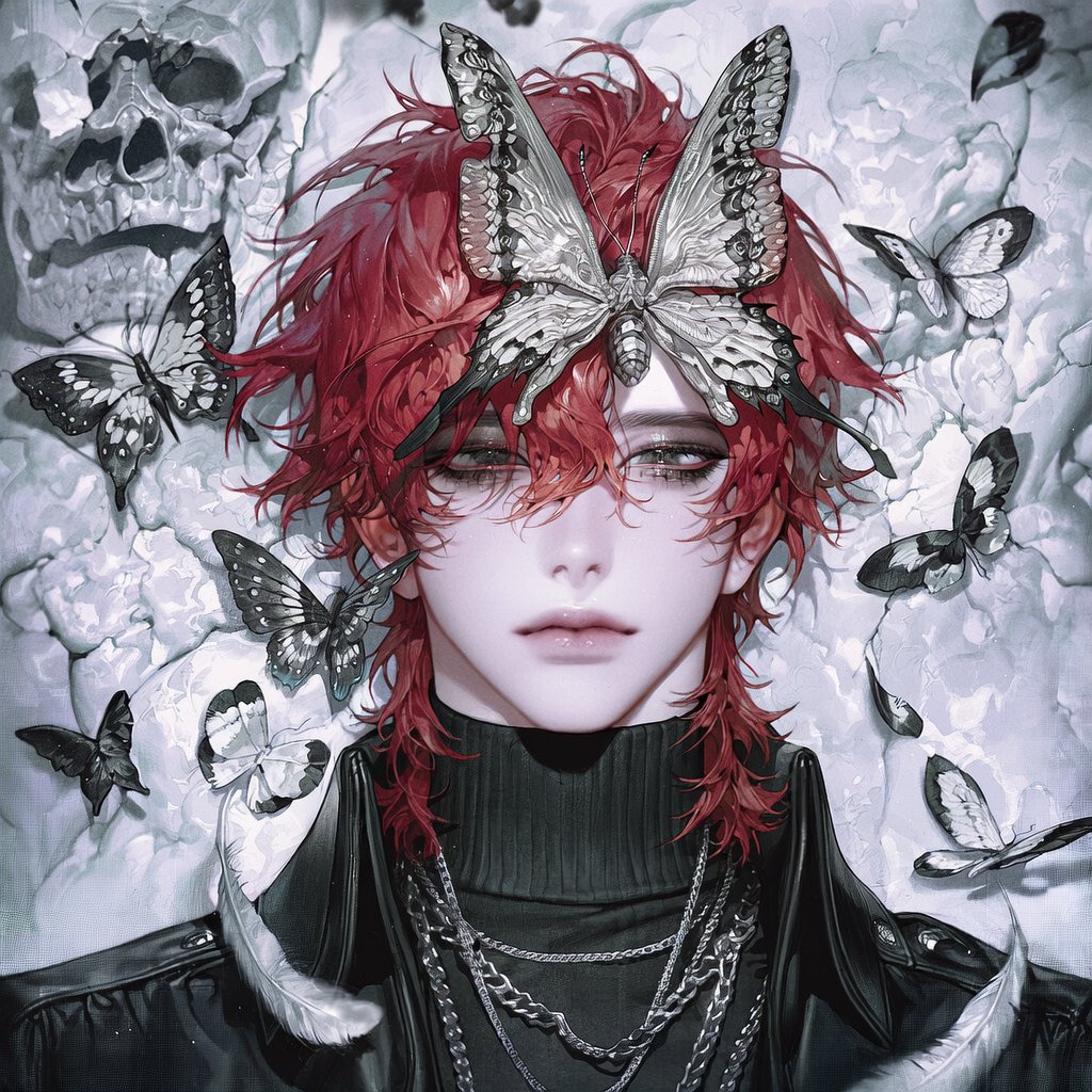 Jin_OAOa's tweet photo. 죽음의 침묵 Prompt

[캐릭터 프롬]

pale skin, expressionless, 5::monochrome, black and white color palette::, skull beside the face, cracked skull, large butterfly with wings covering the lips, butterfly resting over the mouth, intricate butterfly wings, delicate antennae, intense eyes, subtle dark eye makeup,

black tailored coat, black turtleneck, silver chains, avant-garde gothic fashion,

floating feathers, drifting black smoke, cracked marble, soft white mist, dramatic shadows, high contrast, minimalist composition, luxury monochrome editorial, album cover, cinematic lighting, masterpiece, best quality, death symbolism, memento mori, marble statue aesthetic, porcelain skin, floating butterfly scales, white butterflies, black butterflies, broken skull fragments, surreal composition, fine art photography