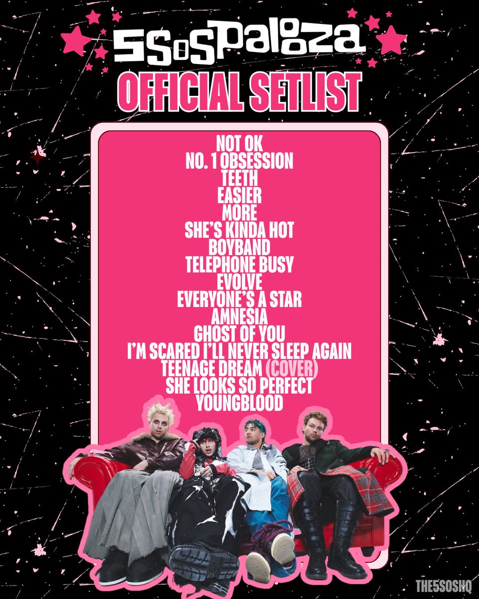 THE5SOSHQ's tweet photo. STAR POWER OVERLOAD IN CHICAGO!!! Here’s the official setlist for #5SOSPalooza that cemented them in boyband history ⭐️ https://t.co/hcRBXnmCeN