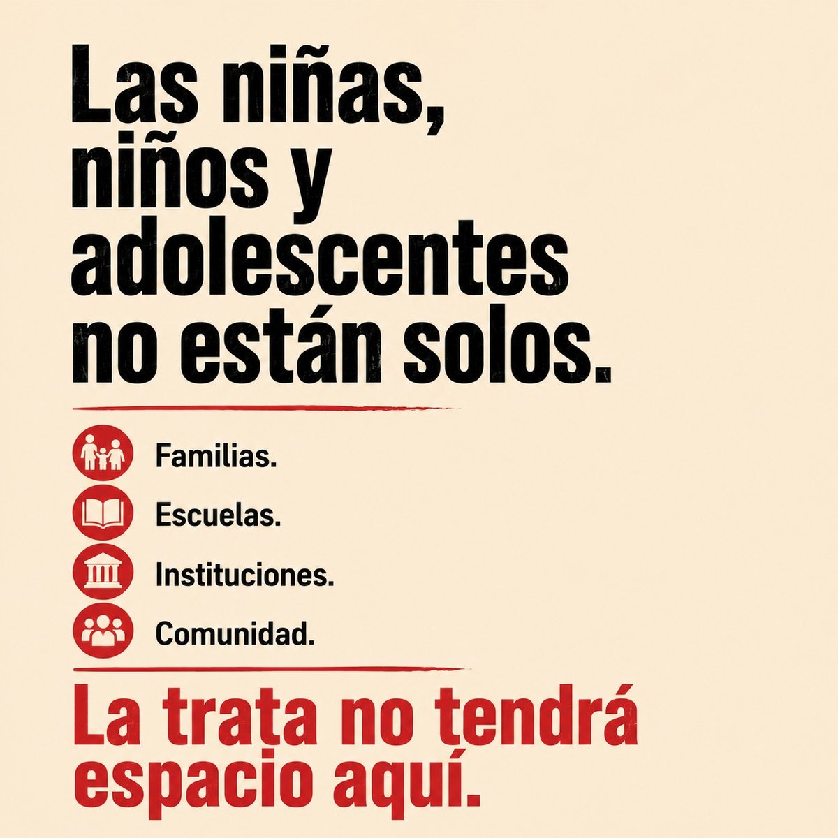 SIPINNA_MX's tweet photo. La trata de personas no empieza con cadenas. Empieza con el engaño, la manipulación y el abuso de la confianza.

Las niñas, niños y adolescentes tienen derechos. Quien intente vulnerarlos enfrentará consecuencias, porque la trata de personas es un delito.

Proteger a la infancia es una responsabilidad compartida entre familias, escuelas, instituciones y comunidad.

🛑 Aquí no hay espacio para la trata.
#AquíNo #SIPINNA #ProtejamosALaInfancia #NoALaTrata #DerechosDeLaNiñez