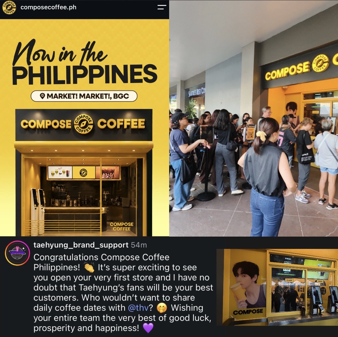 btskthv1230's tweet photo. CONGRATULATIONS to COMPOSE COFFEE who has officially opened their FIRST EVER store in the PHILIPPINES! 🇵🇭 

Please join me in wishing KIM TAEHYUNG and his brand well!

[https://t.co/w1BeDkVt6e]

V FOR COMPOSE COFFEE
COMPOSE COFFEE MODEL V
#TaehyungxComposeCoffee
#VxComposeCoffee https://t.co/V3oO7sMmLv