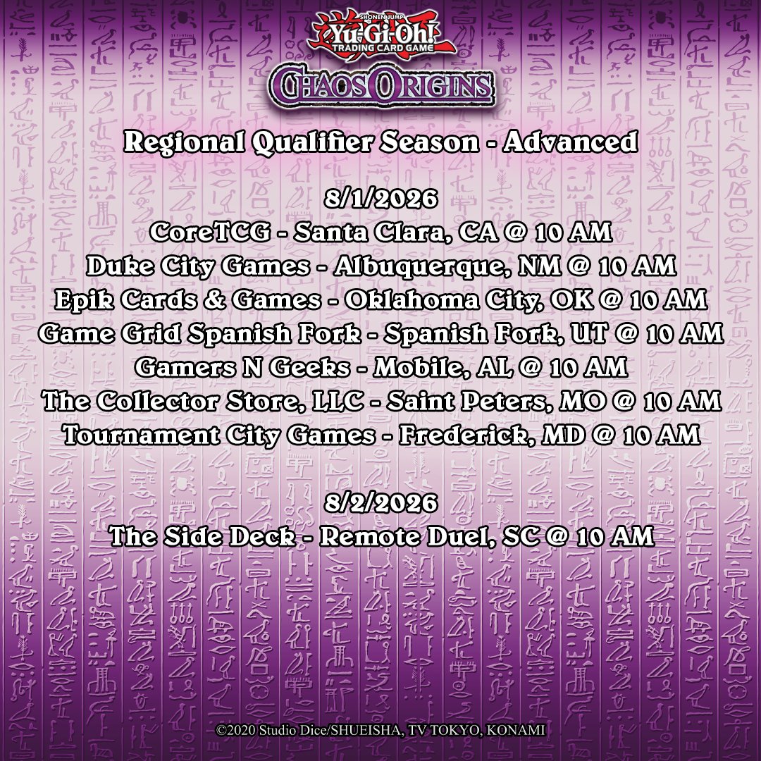 YuGiOh_TCG's tweet photo. The Chaos Origins Advanced and Genesys Regional Qualifiers start this week! Duel to secure an invite to your region’s WCQ 2027 or Genesys Championship! #YuGiOhTCG https://t.co/b3lEmmNi5m