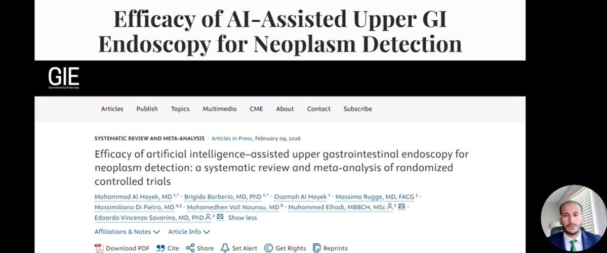 GIE_Journal's tweet photo. Dr Muhammed Elhadi discusses his article, “Efficacy of artificial intelligence–assisted upper gastrointestinal endoscopy for neoplasm detection: a systematic review and meta-analysis of randomized controlled trials." https://t.co/2uLGHHNTLF

@ElhadiMuhammed @HayekAl10413 https://t.co/WyJc3pg9V3