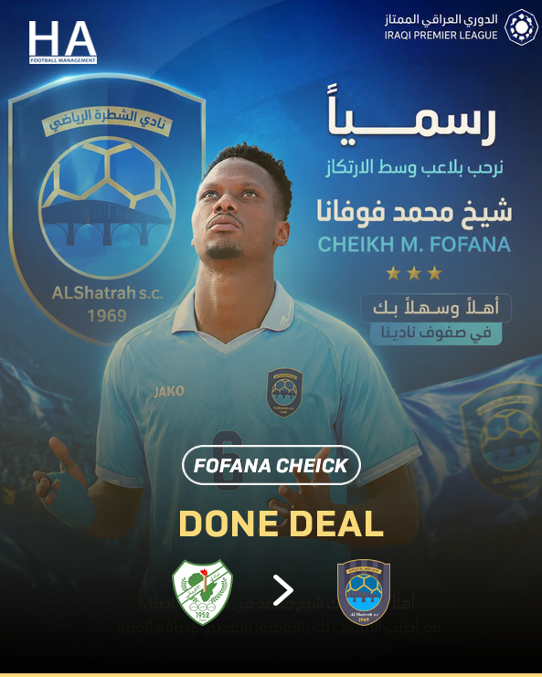 HA_FootballMana's tweet photo. Done Deal ✅

We’re proud to have successfully completed the transfer of our player, Mohamed Cheick Fofana, to the ambitious Iraqi side Al-Shatra SC. 🇨🇮🇮🇶🔵

We wish all the best to him on this new chapter.

#HAFootballManagement #IraqStarsLeague https://t.co/hzXhRz1Y0G