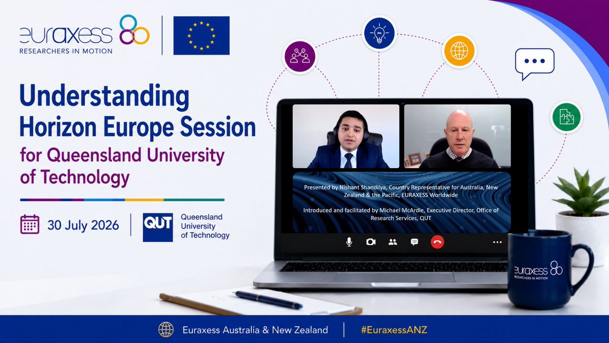 Euraxess_AusNZ's tweet photo. 🇪🇺🤝🇦🇺 We travelled virtually to Brisbane yesterday for an engaging online session with Queensland University of Technology (QUT), delivering an Understanding Horizon Europe webinar focused on opportunities for researchers and institutions to connect and collaborate with Europe.

The session provided an overview of the EU's Framework Programme for Research and Innovation, Horizon Europe, with a particular focus on funding opportunities under the Marie Skłodowska-Curie Actions (MSCA), the European Research Council (ERC), and the collaborative Pillar II Clusters.

A warm thank you to the @QUT team and all participants for the insightful questions and strong engagement throughout the session. 👏

#HorizonEurope #Research #Innovation #StrongerTogether #EuraxessANZ

@EUinAus