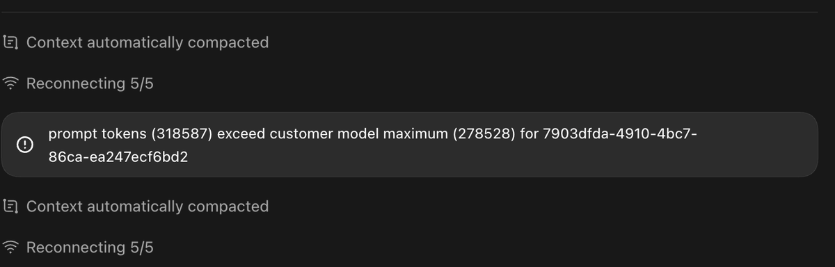 djaym7x's tweet photo. @chatgpt i switched from claude code, how do you resolve this never ending bug for compacting convesation and prompt limit reached ? 

I even started new conversation/forked but still the same thing. @thsottiaux https://t.co/l6Yo1afS4Z
