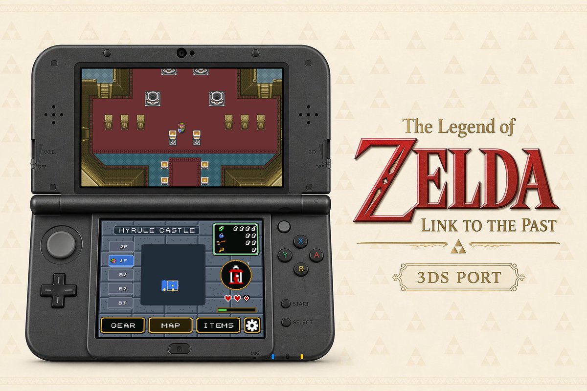 yoshinokentarou's tweet photo. スーファミの大名作「ゼルダの伝説 神々のトライフォース」が、まさかの「ニンテンドー3DS」へ2画面仕様で勝手移植!!

オリジナルの雰囲気はそのままに、3DSの特徴である、上下2画面表示、タッチ操作、ワイド画面などに対応

このプロジェクト、今後も続く予定らしいぞッッ!!
https://t.co/CbRgcocK9g https://t.co/PxD8NbhFAK