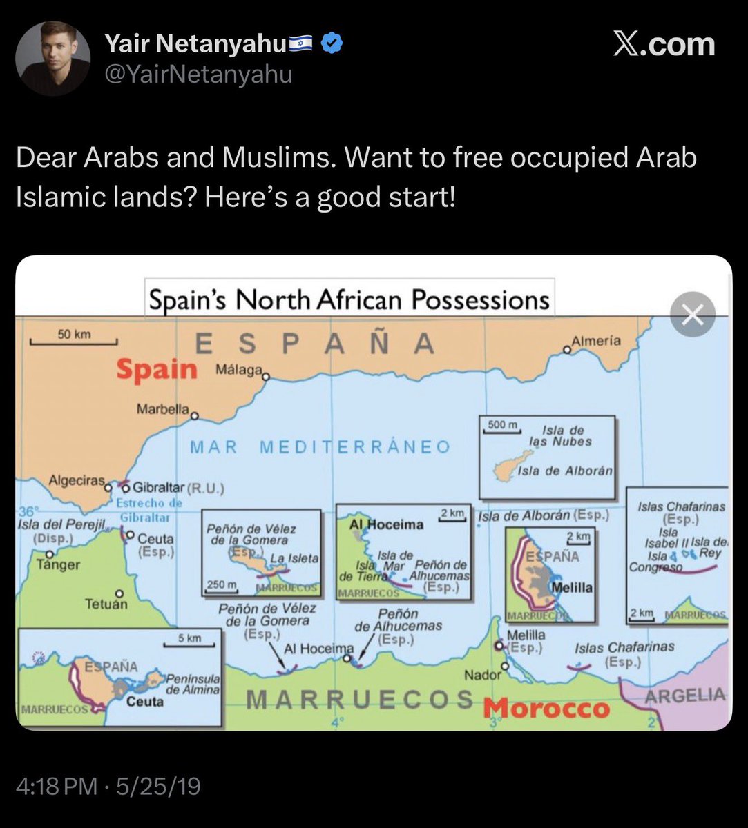 Villgecrazylady's tweet photo. If the situation in Ceuta is the result of the “anti-Israel Spanish Left” why was Yair Netanyahu calling for Arabs and Muslims to “free Ceuta” in 2019? 

Why has the Times of Israel continually ran opinion pieces pretending like Ceuta was in need of liberation? 

This entire charade was orchestrated by Zionists to teach Spain a lesson and set an example for other nations if they don’t get in line.

It’s fucking gross to pretend otherwise.