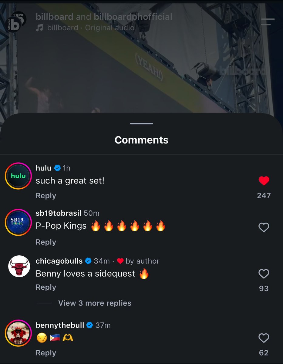 pablohawtogs's tweet photo. BILLBOARD POSTED SB19'S PERFORMANCE WITH BENNY BULL AND HERE ARE THE COMMENTS FROM HULU, CHICAGO BULLS &amp; BENNY BULL.

SB19PALOOZA FESTIVAL
@SB19Official #SB19
#SB19atLollapalooza https://t.co/ymqRRDrdr8