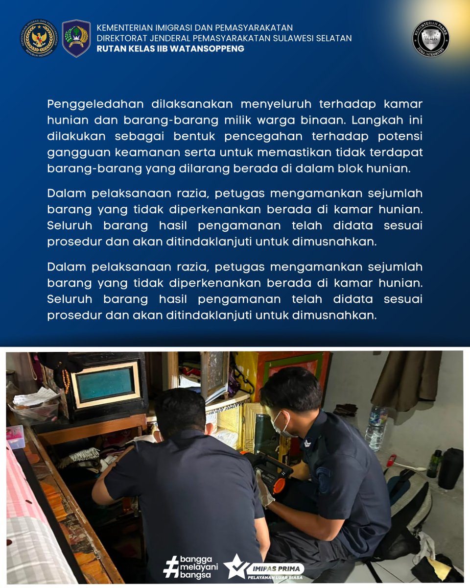 RutanWatansoppe's tweet photo. Cegah Gangguan Keamanan, Rutan Watansoppeng Rutin Gelar Razia Kamar Hunian WBP. Kegiatan ini merupakan komitmen Rutan Watansoppeng dalam mewujudkan lingkungan pemasyarakatan yang aman, tertib, serta bebas dari Handphone ilegal, Pungutan Liar, dan Narkoba (HALINAR). https://t.co/1QJGhR3O4B