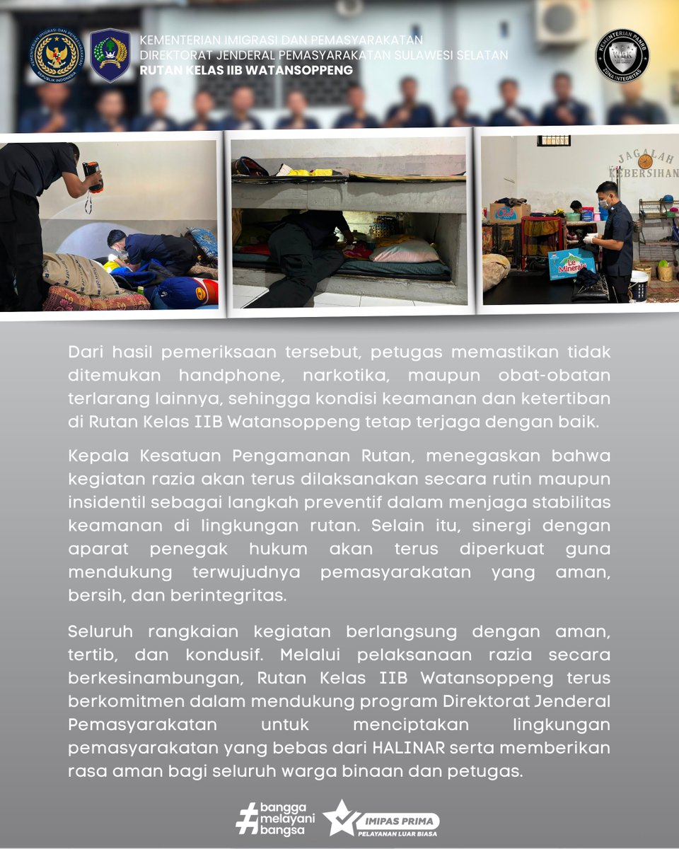 RutanWatansoppe's tweet photo. Cegah Gangguan Keamanan, Rutan Watansoppeng Rutin Gelar Razia Kamar Hunian WBP. Kegiatan ini merupakan komitmen Rutan Watansoppeng dalam mewujudkan lingkungan pemasyarakatan yang aman, tertib, serta bebas dari Handphone ilegal, Pungutan Liar, dan Narkoba (HALINAR). https://t.co/1QJGhR3O4B