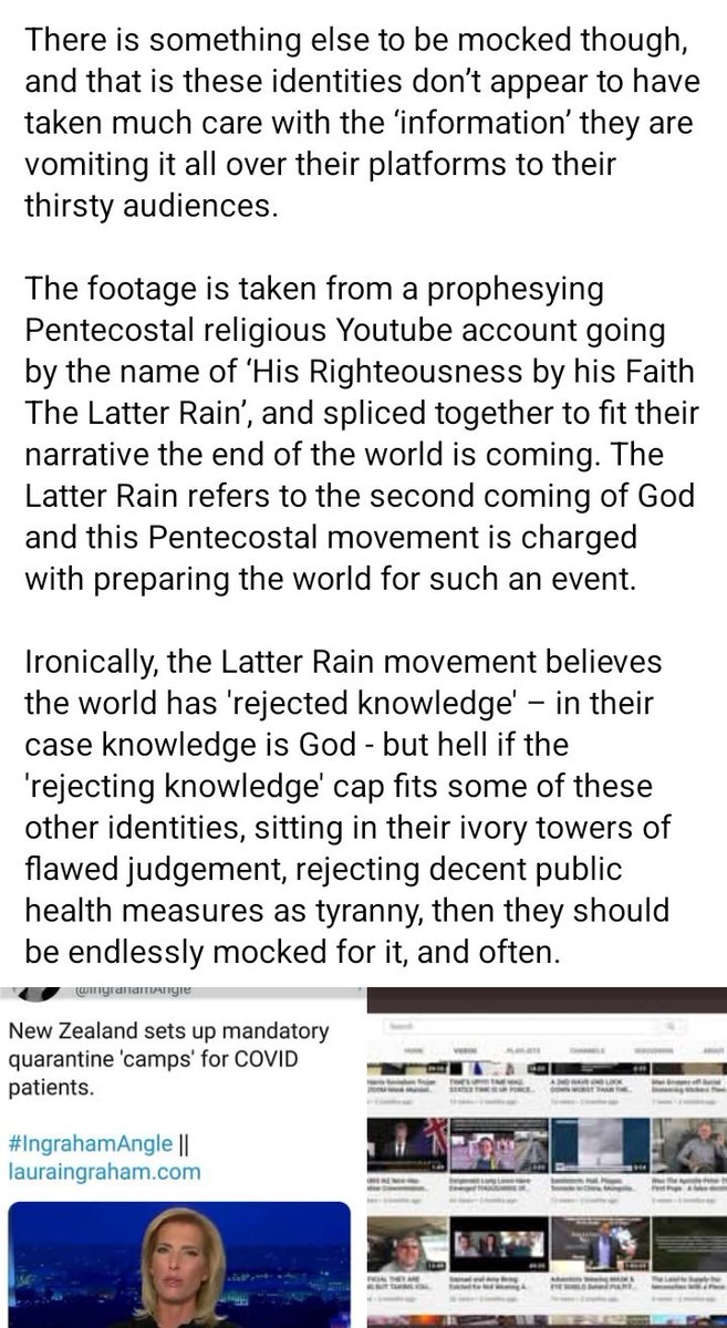 vlcnz's tweet photo. @CurtisIngraham1 @Dr_AnthonyFauci @IngrahamAngle Curtis thanks for calling out your sis's regular trips to hypocrisy lane where reality is denied as fake & inconvenient. Her 2020 #NZHellHole Covid camps story & it's 'Latter Rain' doomsday source sd it all really. Prompted me to write about her "sources"
https://t.co/nXxvqp1rVk https://t.co/moFaKvN2mq