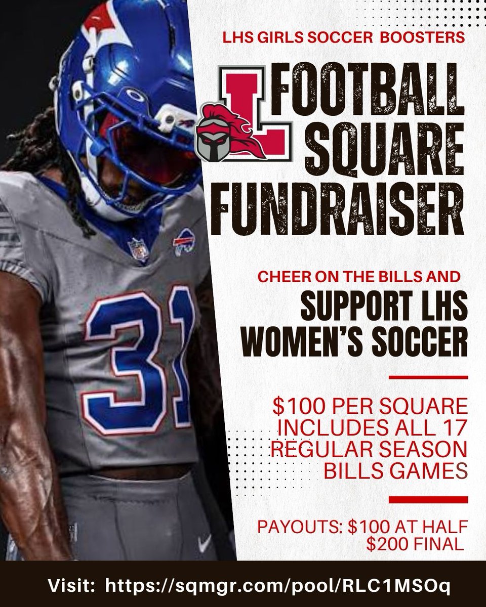 lhsgsboosters's tweet photo. https://t.co/4nnfGzL6aL

The best time of the year is back....Cheer on the Bills, Support LHS Women's Soccer and bring home some bank!!!  Squares on Sale Now!!! https://t.co/DGMojQQArG