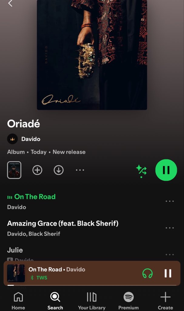 WonderOfNigeria's tweet photo. Oriadé by 001 has dropped and I am 3 seconds into On The Road. Album of the year by Davido.  Did you hear that piano intro…the Goat never misses. 🐐🐐 https://t.co/v7g45Pu4Es