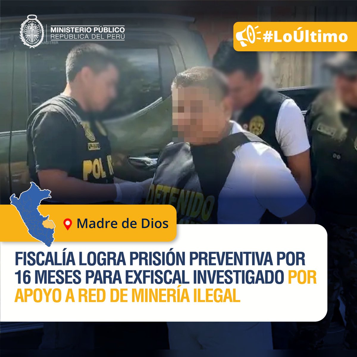 FiscaliaPeru's tweet photo. 🚨 #LoÚltimo | Fiscalía Especializada en Materia Ambiental (FEMA) de Lima Noroeste, a cargo del fiscal provincial Paulo César Brancacho Japa, logró que se dicte 16 meses de prisión preventiva para el exfiscal especializado Américo Bautista, investigado por su presunta colaboración con Eneyser Fernández, alias 'Brayan', señalado como líder de la banda 'Los sanguinarios de La Pampa', en Madre de Dios.

✅ El exfiscal es imputado por los presuntos delitos de banda criminal, encubrimiento real y tráfico ilícito de insumos químicos y maquinaria destinada a la minería ilegal. Américo Bautista, además, habría apoyado a cambio de beneficios económicos a la red criminal saboteando evidencias digitales, desplegando estrategias para encubrir sus delitos y facilitar la desaparición de pruebas materiales que involucraban a seis detenidos, en mayo de 2026,  como miembros de la banda de 'Brayan'.