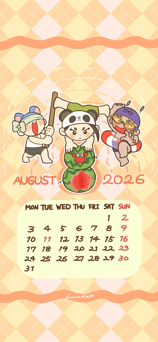 2_Konoha_8's tweet photo. 8月のカレンダーです！
保存してお使いください🍉

キャぴまるズ☀︎
既存のキャラは全部出揃いました！

夏の日差しのようなアチアチ太陽真夏！！って感じのカレンダーになりました☀️
3枚目はiPhone使用例です！

※無断転載、自作発言、AI学習利用は禁止しています。
#イラスト #カレンダー配布 https://t.co/iU4SuMfV23