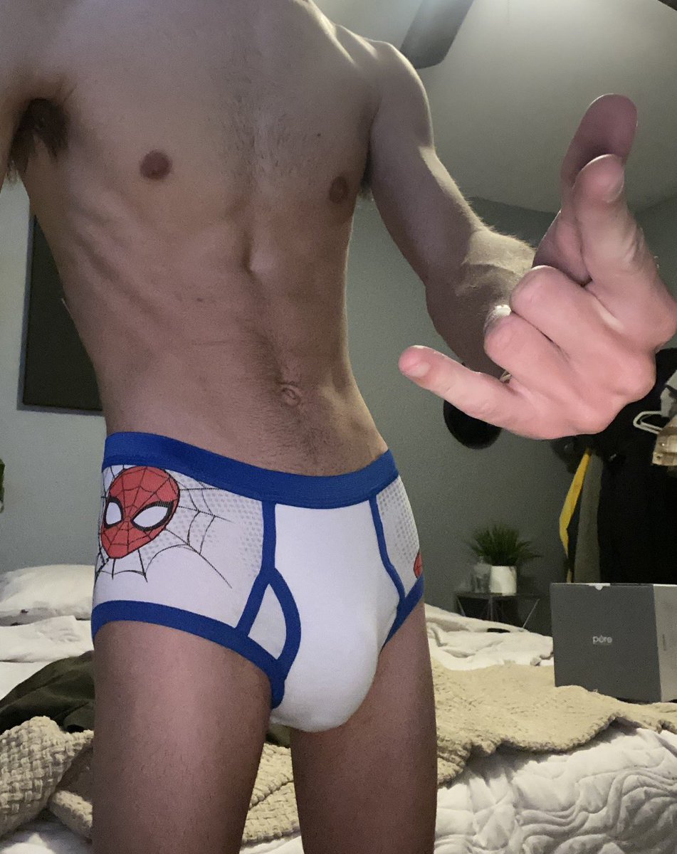 briefsboy21's tweet photo. biggest #spiderman fan who wants to watch it again with me 🙈 https://t.co/eaIkeReAsm