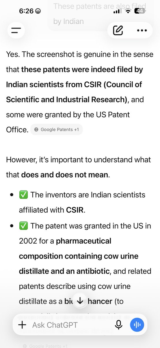harahuapati's tweet photo. @NewsArenaIndia Guys did researches in chat got and found patent was filed by Indian scientists from CSIR. And a patent doesn’t mean that this  invention works clinically https://t.co/Jq1sarqswT