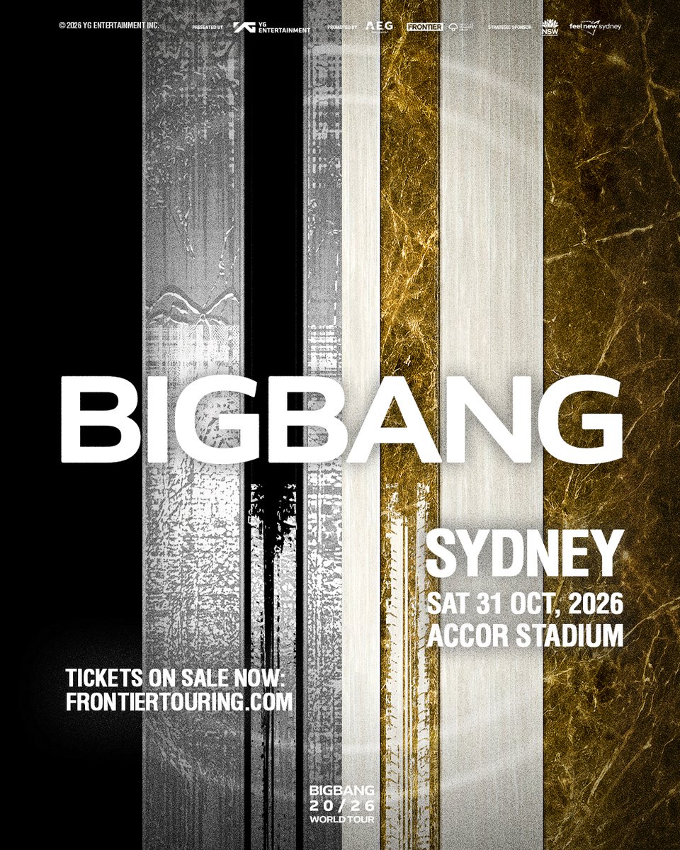 frontiertouring's tweet photo. ON SALE NOW 💛 BIGBANG. SYDNEY. One epic 20th anniversary celebration. Join us at Accor Stadium on Sat 31 Oct.

🎫 https://t.co/3UapdNxNEv https://t.co/uUvxaH6iAK