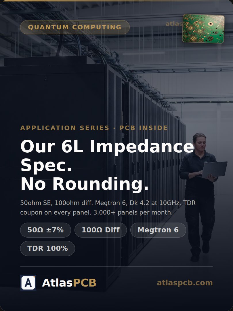 Atlas_PCB's tweet photo. Our 6L impedance reference:

SE 50ohm: 4.1mil, ±7%
Diff 100ohm: 4/4mil, ±8%
Dk 4.2 @10GHz (Megtron 6)
TDR coupon every panel

3,000+ panels/month. Bookmark for your next stackup review.

#SignalIntegrity #PCB https://t.co/yIjBykZYOx