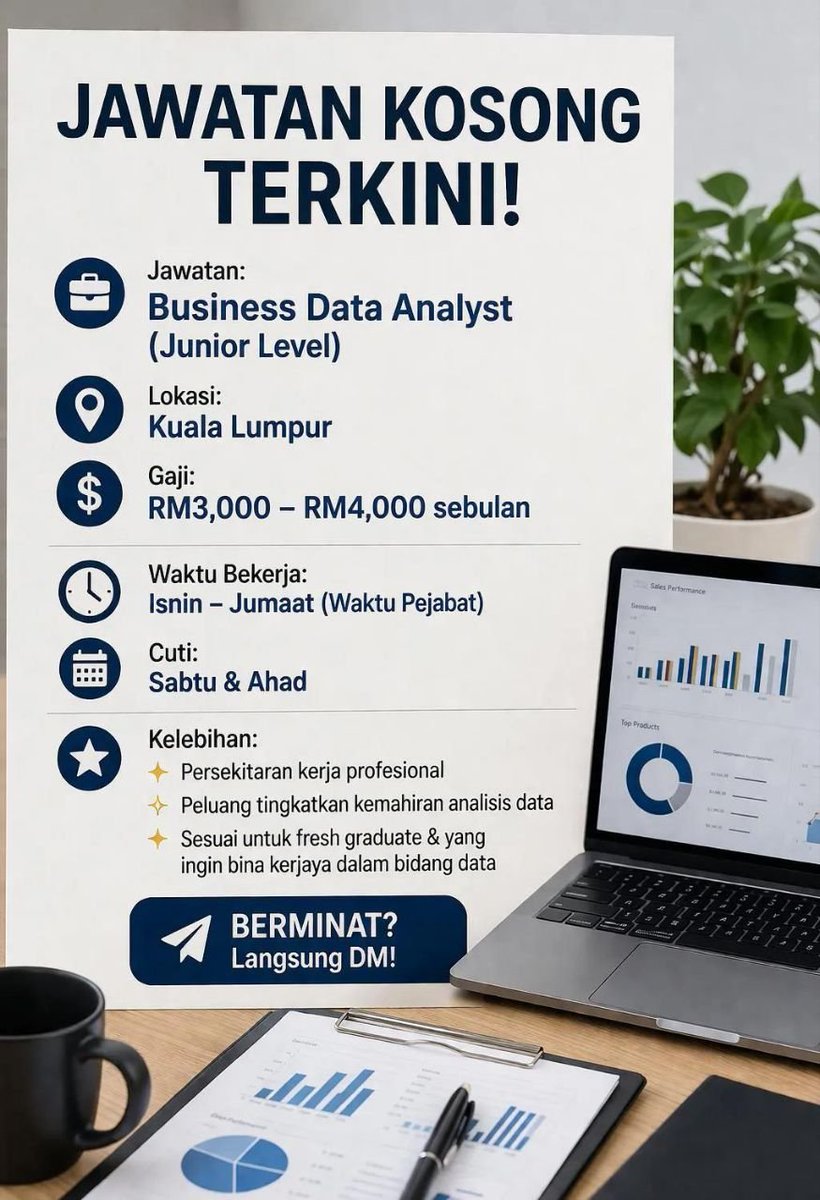 cikainuno8's tweet photo. 🚀 JAWATAN KOSONG TERKINI!

📊 Jawatan: Business Data Analyst (Junior Level)
📍 Lokasi: Kuala Lumpur
💰 Gaji: RM3,000 – RM4,000 sebulan

🕒 Waktu Bekerja:
Isnin – Jumaat (Waktu Pejabat)
📅 Cuti: Sabtu &amp; Ahad
📌 Kelebihan:
✨ Persekitaran kerja profesional
✨ Peluang tingkatkan https://t.co/ipXUcWe5uk