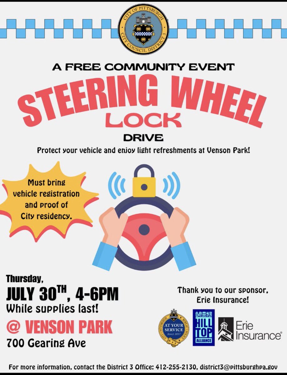 colin_dunlap's tweet photo. I get where their heart is.
But….
If you’re running a “steering wheel lock drive” perhaps there’s a bit too much conceding to the enemy happening. 
Maybe a “let’s find a way to hire more police and be tougher on crime drive” would be better. 
🤷 https://t.co/ESQtJThSiT