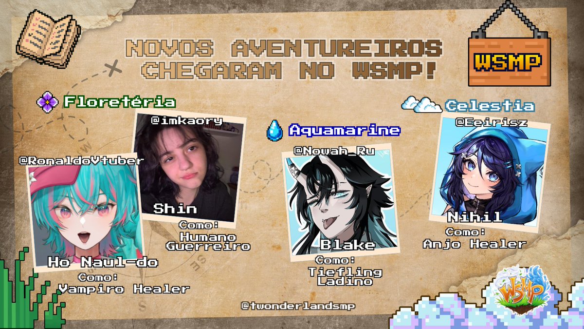 TWonderlandSMP's tweet photo. Dia 10/08 chegarão novos aventureiros! Bem-vindos ao #WSMP 💚💙🩶

@RonaldoVtuber como Ho Naul-do
@imkaory como Shin
@Nowah_Ru como Blake
@Eeirisz como Nihil https://t.co/hkLN1VM6uw