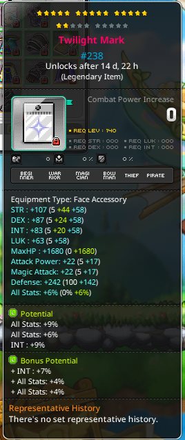 Cyeokj's tweet photo. I bought my Twilight Mark today, I literally spent 5M from 0 to 17 stars (I will use it like that for now).

6 lines with a few cubes.

Item 25M + 5M in stars + 20M in cubes.

Good day to be alive @MaplestoryU #msu https://t.co/nd3eCEtxL9