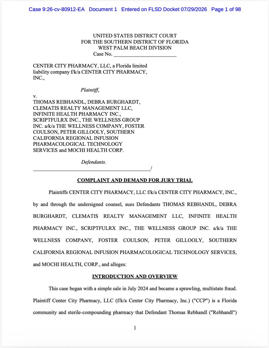 annvandersteel's tweet photo. 🚨ANOTHER LAWSUIT. SAME NAMES. SAME ALLEGED PLAYBOOK.

Now Center City Pharmacy has filed a 98 page federal complaint accusing Foster Coulson, Peter Gillooly, The Wellness Group and their associates of participating in a scheme involving a pharmacy allegedly sold twice, diverted patient data, more than 5,800 prescriptions, misused banking and regulatory credentials, and medications shipped across state lines under another pharmacy’s identity.

The complaint alleges TWC publicly claimed it had acquired a “50 state pharmacy platform” that the lawful owner says TWC never owned.

First Zelenko Labs. Now Center City Pharmacy.

At what point does this stop looking like an isolated business dispute and start looking like a pattern investigators should examine?

Stay tuned...MUCH MORE COMING