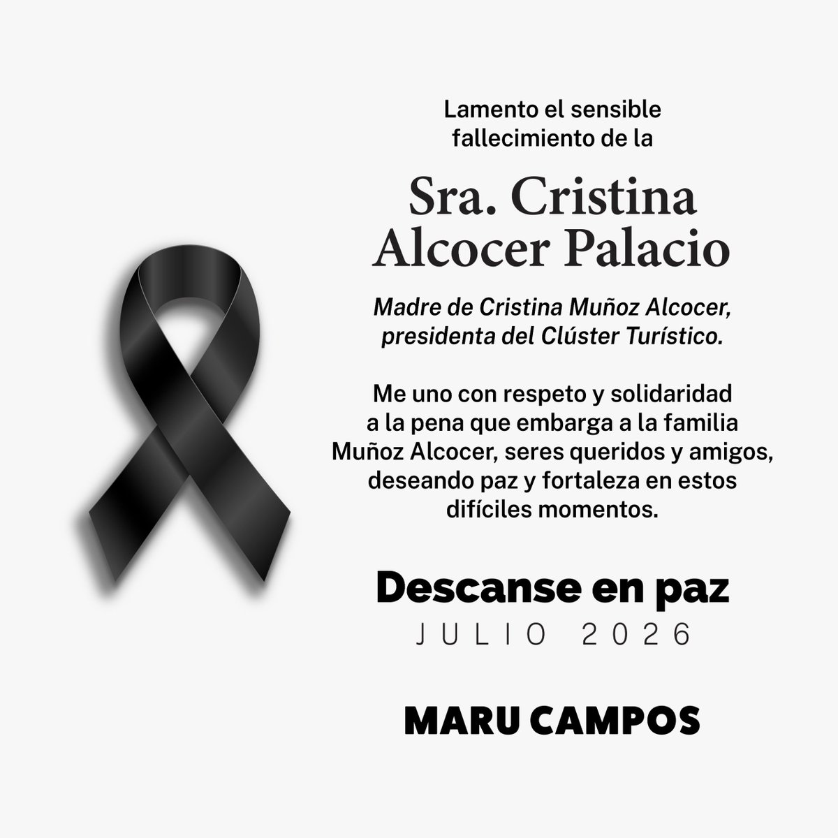MaruCampos_G's tweet photo. Quiero enviar mi más sentido pésame a la familia Alcocer Muñoz, seres queridos y amigos por el sensible fallecimiento de Cristina Alcocer Palacio.

En estos difíciles momentos me uno con respeto y solidaridad a su pena, deseándoles paz y consuelo.

En paz descanse. https://t.co/WhhpiVORFB