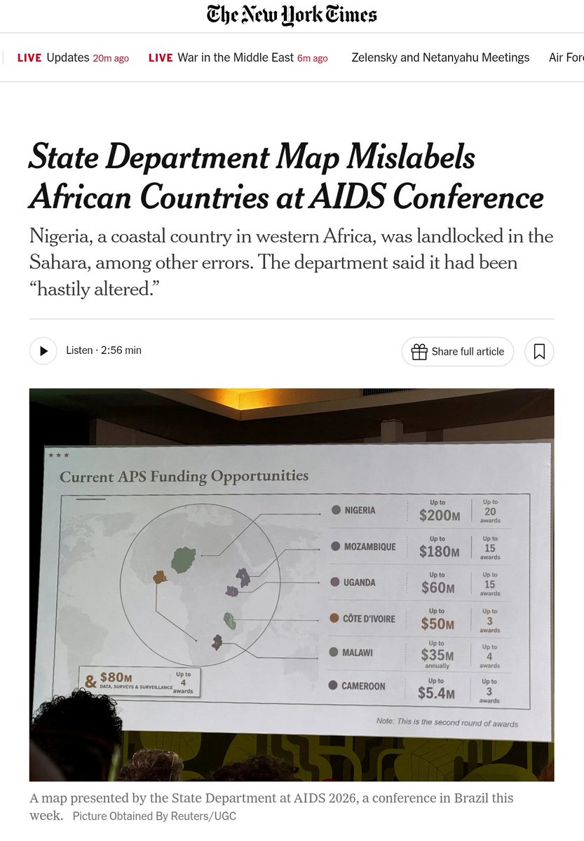 sacripant1's tweet photo. La carte du Département d'État US comporte des erreurs de localisation des pays africains lors de la conférence sur le sida au Bresil : Nigeria, Côte d'Ivoire, le Mozambique. 

Quant au Cameroun (Le Continent😂), il est mentionné mais localisé nulle part. Un non-pays, en somme😂 https://t.co/x0dmLmrpFO