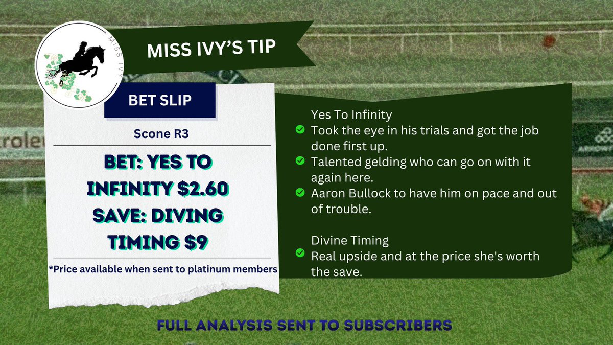 MissIvystips's tweet photo. * Today's Tip 🏇* :: 📍Scone R3
➡️ BET: Yes to Infinity $2.60 (Ladbrokes)
➡️ SAVE: Divine Timing $9 (TAB)
#sconeraces #yestoinfinity #divingtiming #aaronbullock #horseracingtips https://t.co/cmH1XON4SG