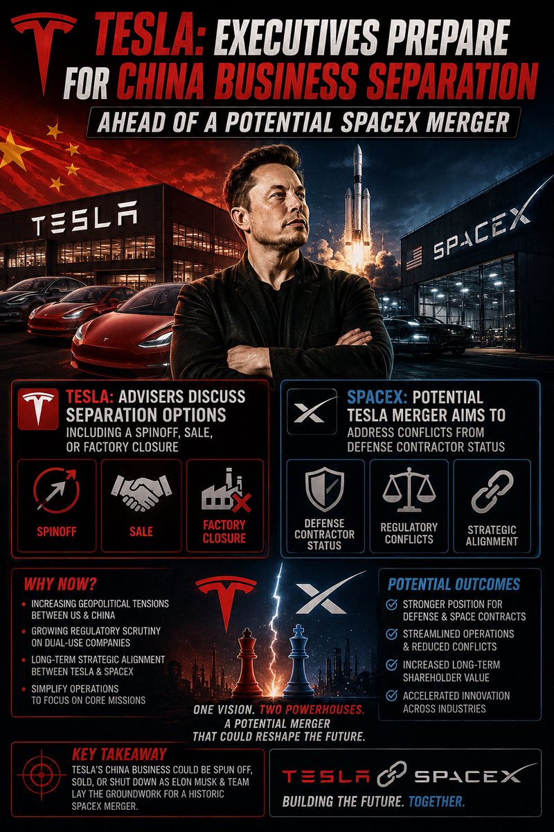 ProblemSniper's tweet photo. $TSLA TESLA’S BIGGEST STRATEGIC MOVE YET?

Reports suggest Tesla executives are exploring options for the company’s China business—including a potential spinoff, sale, or factory closure—as discussions around a possible SpaceX merger continue.

If true, this could reshape how investors value Tesla’s global business and remove potential geopolitical conflicts tied to defense-related operations.