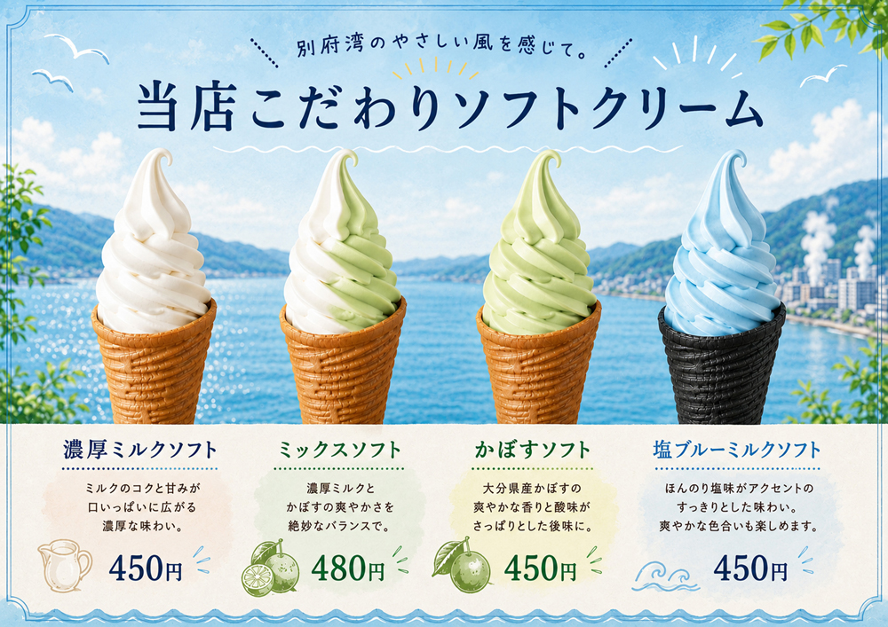 kankouoita's tweet photo. 『別府交通センター』では、売店・レストランで1,000円以上お買い上げの方に「ソフトクリーム割引券」を進呈中！ ソフトクリームは全部で4種類！新登場の「塩ブルーミルクソフト」は、ほんのり塩味がミルクの味を引き立てオススメです。ぜひ、ご賞味ください。
https://t.co/5DCCa1thIv https://t.co/iRqJhgHfYf