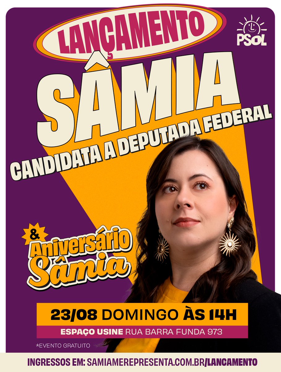 samiabomfim's tweet photo. Quero comemorar meu aniversário e fazer o lançamento da nossa candidatura com vocês, vamos? Ingressos aqui: https://t.co/elgX2XgzQ9 https://t.co/W7x8XVlklc