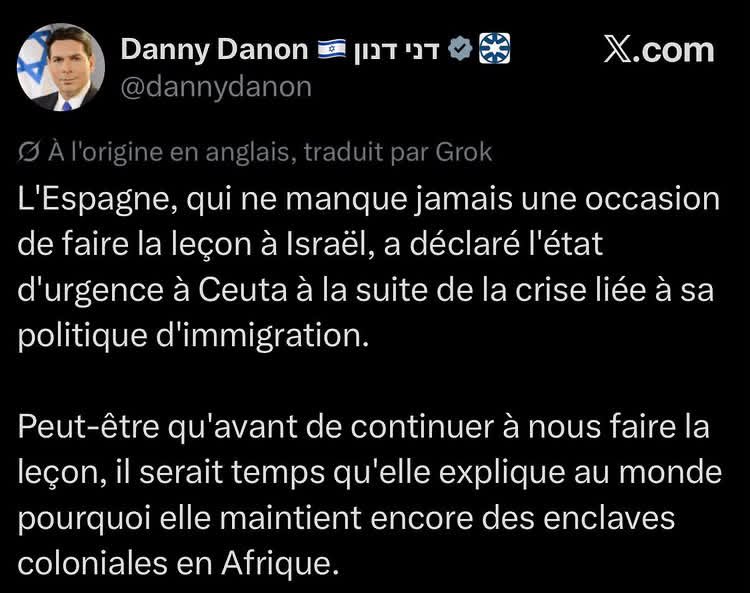 konkatina_kone's tweet photo. 🇮🇱 🇲🇦 / 🇪🇸 : Par la voix de son ambassadeur à l’ONU, Israël apporte son soutien au Maroc face à l’Espagne concernant la crise à Ceuta en accusant Madrid d’avoir « des enclaves coloniales en Afrique ». https://t.co/2Oip6fhrFu