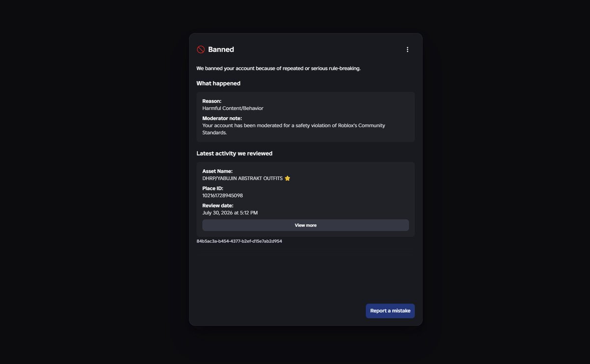 obscurezab's tweet photo. I was recently chain banned due to what seems to be an AI moderation error.

Many other outfit game creators have also been banned or had their groups locked.

Could Roblox please review this? None of us broke the rules. @SharkBloxYT #roblox #robloxhelp https://t.co/RxkHWWkBsf