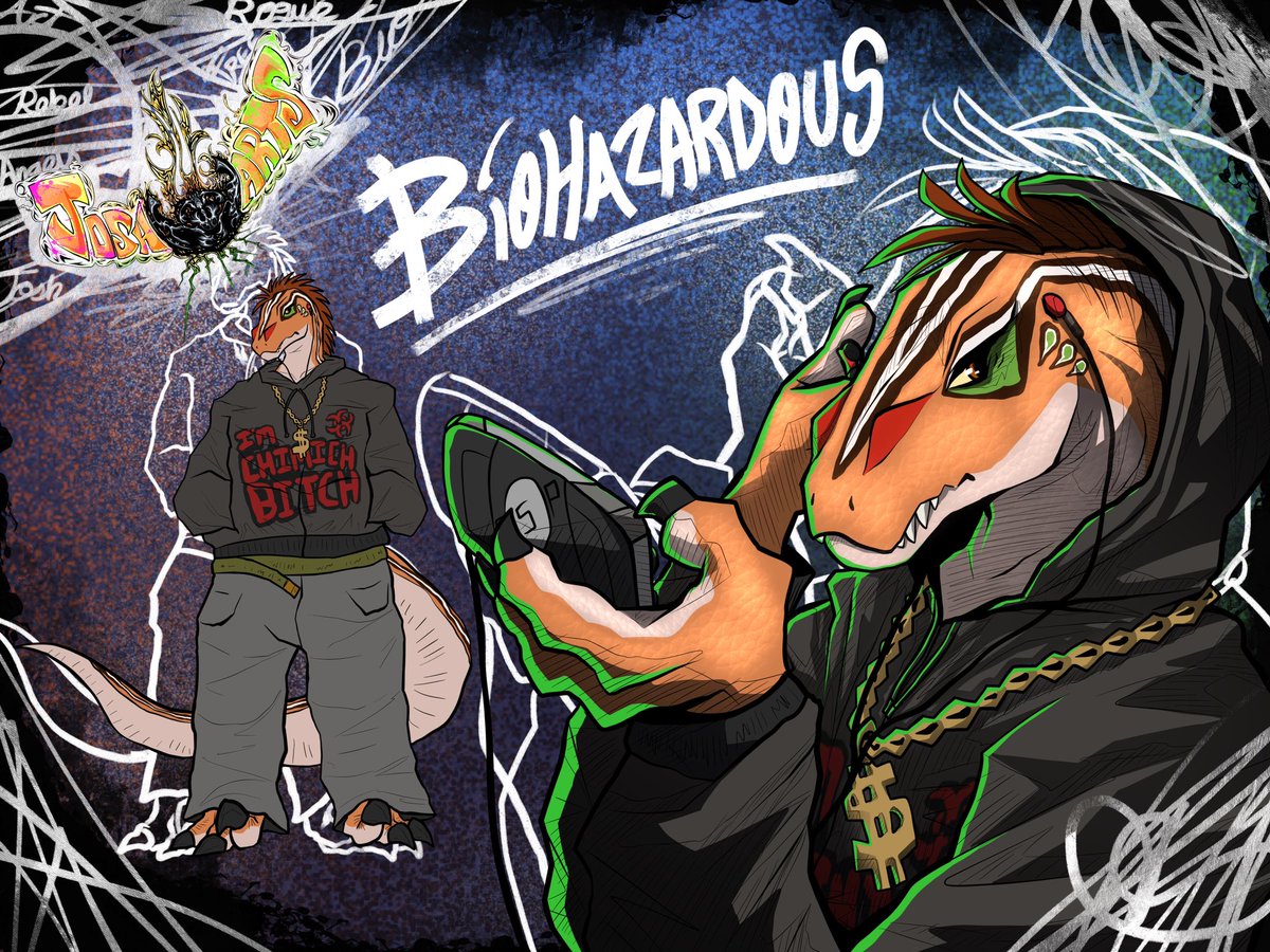 Josh_u_arts's tweet photo. Introducing Biohazardous:

An edgy anthropomorphic Velociraptor stuck in the early 2000’s

He thinks he’s a gangsta, he thinks he’s knows what pain is, he thinks he’s being cool by being cold and distant….. but he’s a nice guy underneath.

He also loves gaming… https://t.co/gF07JAGynj