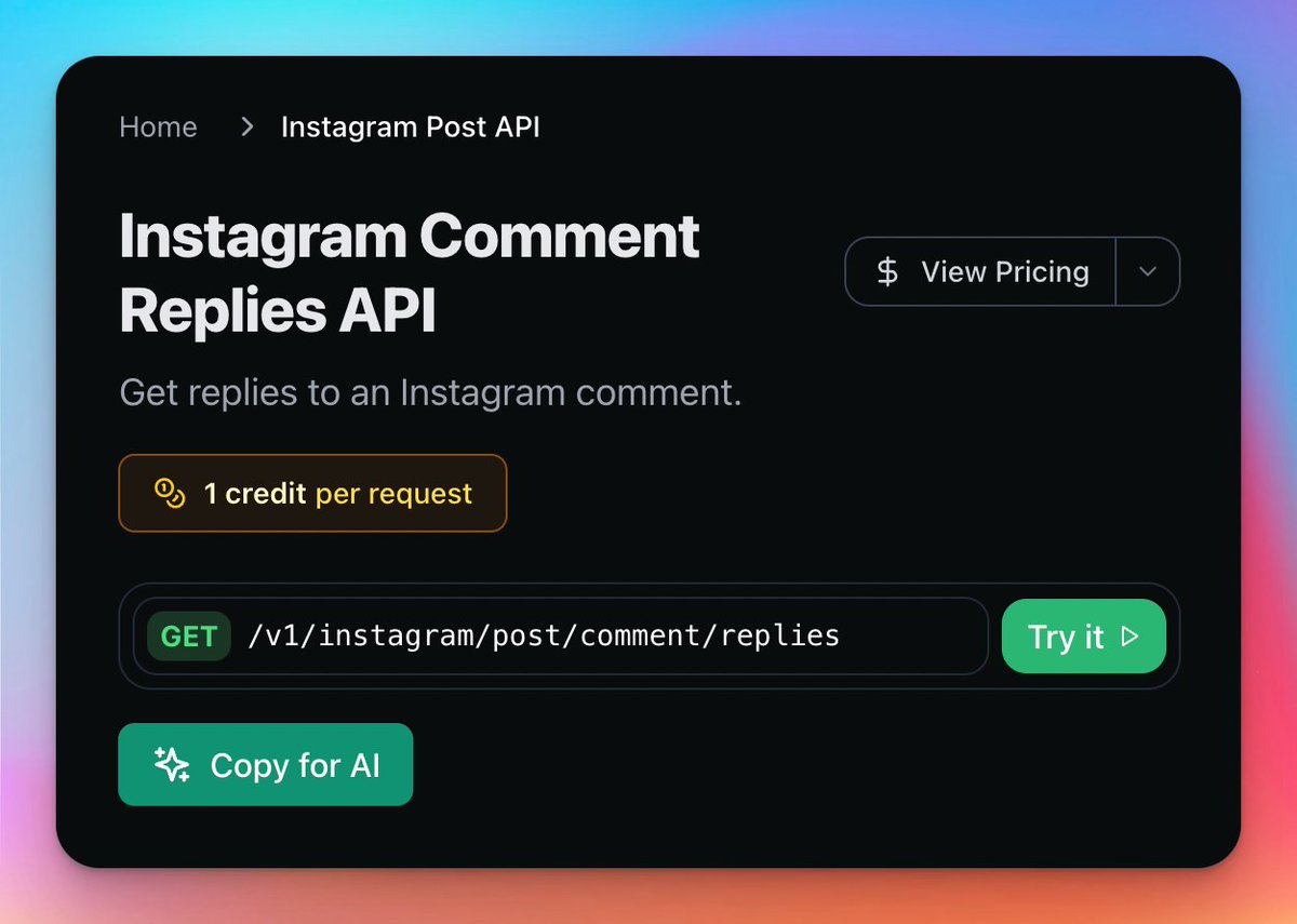 ScrapeCreators's tweet photo. We FINALLY have an Instagram Comment Replies endpoint!!! 🥳 https://t.co/NQXQaLoqVA
