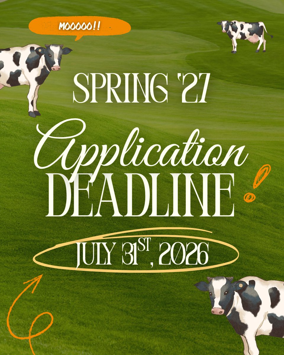 GO2UCMerced's tweet photo. DEADLINE IS TOMORROW‼️📣 Submit your application by 11:59 PM July 31st⏰

[Image Description: A green grass background with cows. The image reads "Spring 27 Application deadline July 31st 2026".]

 #Spring27 #ApplyToday #UCMerced #UniversityOfCalifornia #GoBobcats https://t.co/ERfBGewgpC