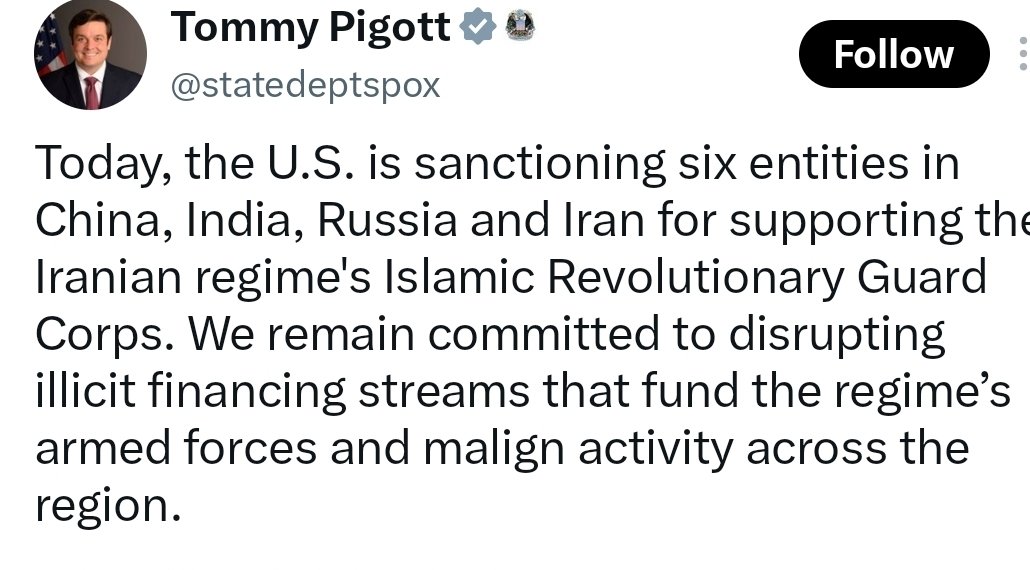 RShivshankar's tweet photo. U.S. SANCTIONS INDIAN ENTITY

After "funding Putin's war" Trump Sarkar links Indian entity to "funding IRGC'S war". 

SECY OF STATE MARCO RUBIO'S DEPARTMENT ANNOUNCES SANCTION ON INDIAN ENTITY AMONG OTHERS IN CHINA, RUSSIA. https://t.co/pKXCtLjADG
