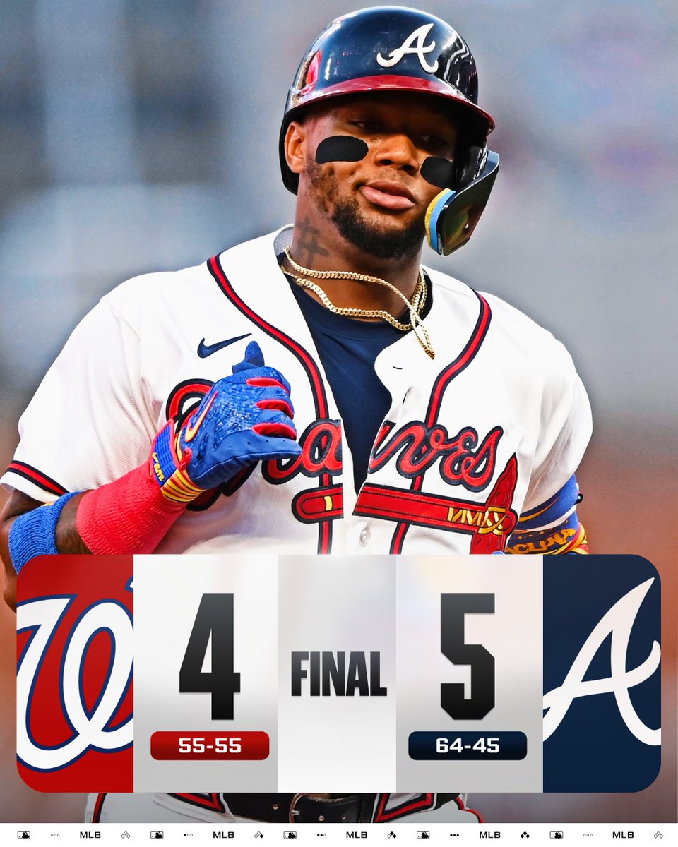MLB's tweet photo. Ronald Acuña Jr. homers for the first time since returning from the IL! https://t.co/oXN8iBO5EH