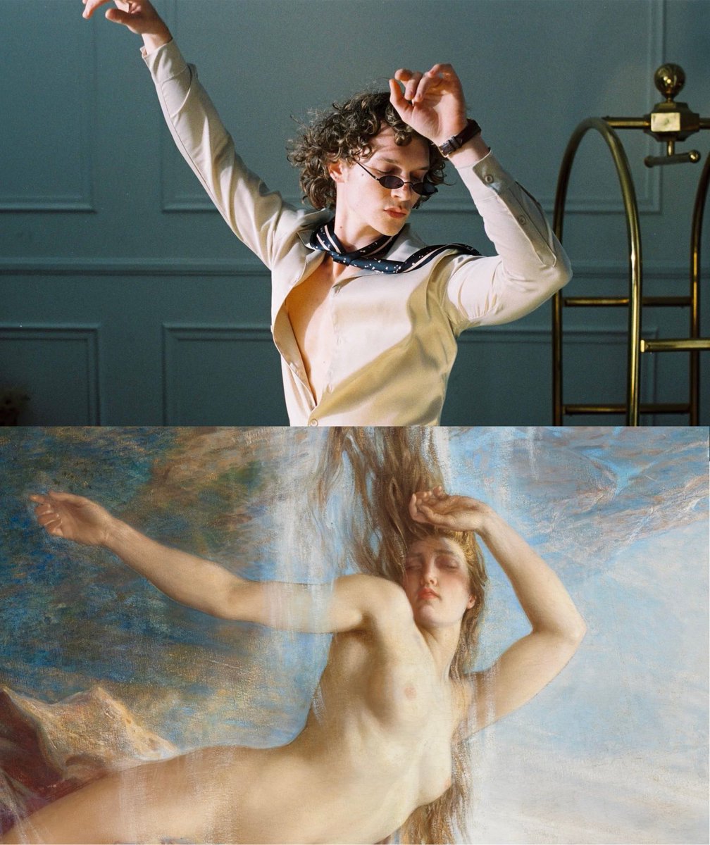 storriemuse's tweet photo. Top: Connor Storrie photographed by Jazeel Gayle, 2023. Bottom: The Mountain Mists (detail, rotated) by Herbert James Draper, 1912. https://t.co/HDguNSXKhE