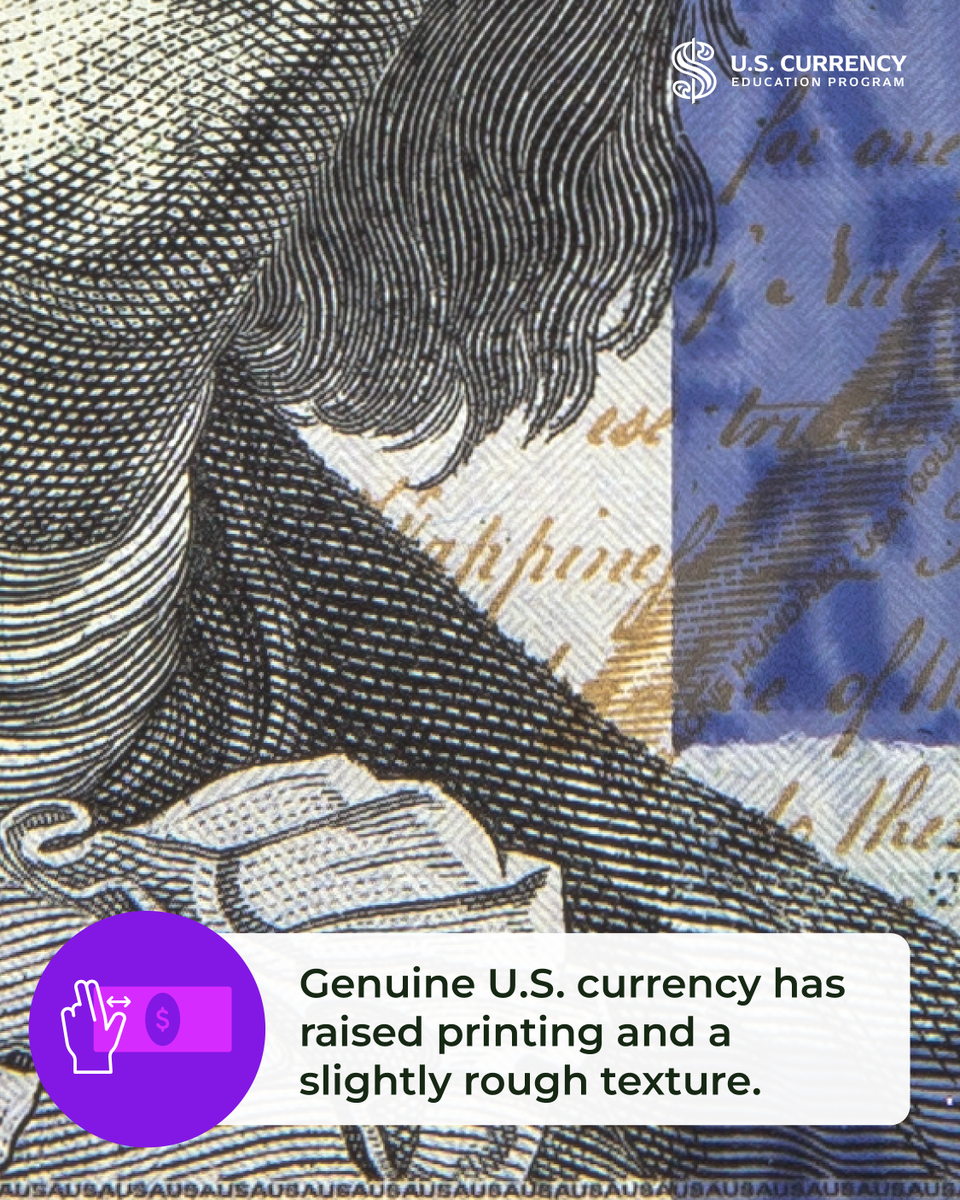 uscurrency's tweet photo. Trust your fingertips. Genuine #UScurrency has raised printing and a slightly rough texture you can feel. 

The cashier toolkit walks through what authentic notes should feel like. Download here:  https://t.co/QhEIQyllZq https://t.co/y0gJk5lu10