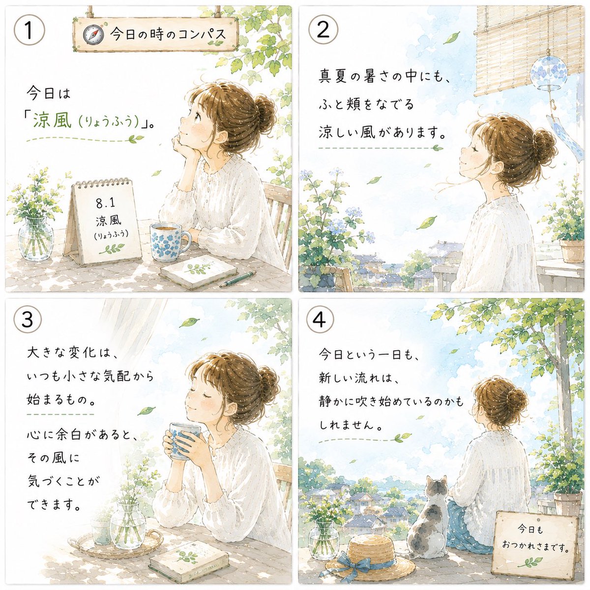 40kotonoha's tweet photo. 🌿 今日のことば

「涼風」は、暑さの中に訪れるひと筋の心地よい風を表す日本ならではの美しい言葉。

季節は、ある日突然変わるのではなく、小さな風や光、匂いの変化を通して少しずつ巡っていく。

私たちも同じ。小さな「気づき」が次の一歩を運んできてくれる

#ことば便0731 https://t.co/tUJ9SAxL7N