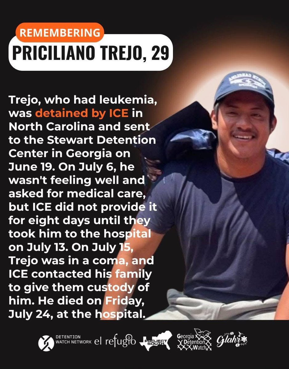 azucenau's tweet photo. 🚨 El mexicano Priciliano Trejo, de 29 años, murió tras permanecer varias semanas bajo custodia de ICE en un centro de detención en Georgia.

De acuerdo con su familia y organizaciones defensoras de migrantes, padecía leucemia y denuncian que pasó ocho días sin recibir atención médica pese a solicitarla.

“Merecía una atención médica adecuada y cuidados especializados, no estar encerrado en un centro de detención mortal del ICE plagado de abusos y negligencia médica”

Falleció el 24 de julio, luego de que su custodia fuera transferida a sus familiares.

🗞️ @EFEnoticias