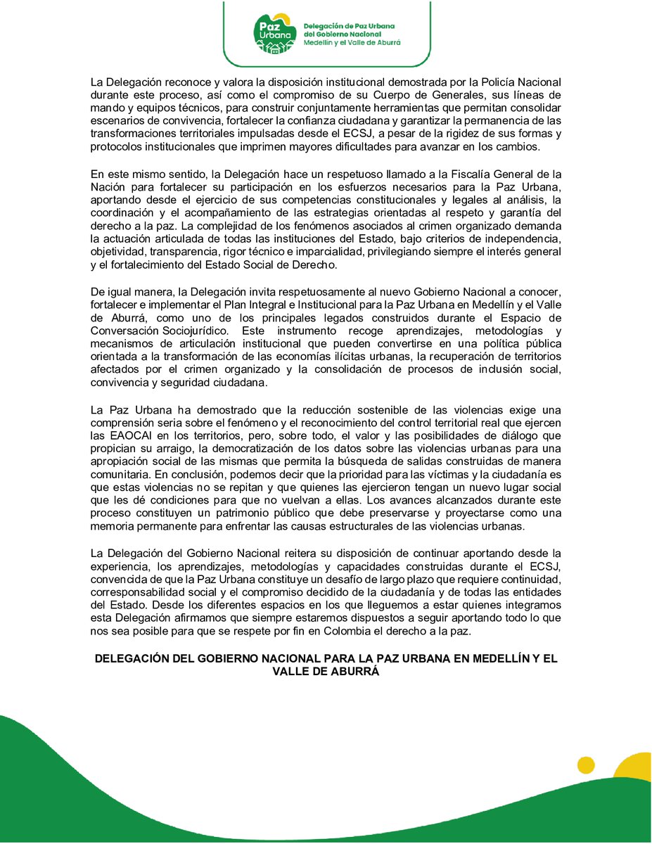 PazUrbanaCo's tweet photo. #Comunicado  Presentamos un balance de avances del ECSJ y hacemos un llamado a preservar este legado: fortalecer la articulación institucional, implementar el Plan Integral para la #PazUrbana y garantizar el derecho a la paz.

La Paz Urbana requiere continuidad, no improvisación. https://t.co/mzgBMl6BRA